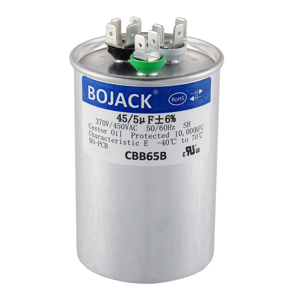 BOJACK 45+5 uF 45/5 MFD ±6% 370V/440VAC CBB65 Dual Run Circular Start Capacitor for AC Motor Run or Fan Start or Condenser Straight