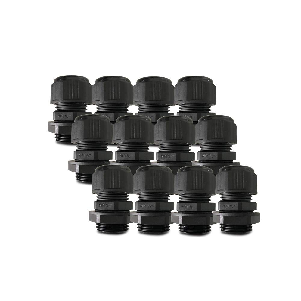 Cable Gland 1/2 Npt,Nylon Plastic Connectors with Lock Nut and Gaskets IP68 Waterproof Adjustable 6-12mm Cord Gland,UL Approved (12 Pack) 1/2 npt 12pack