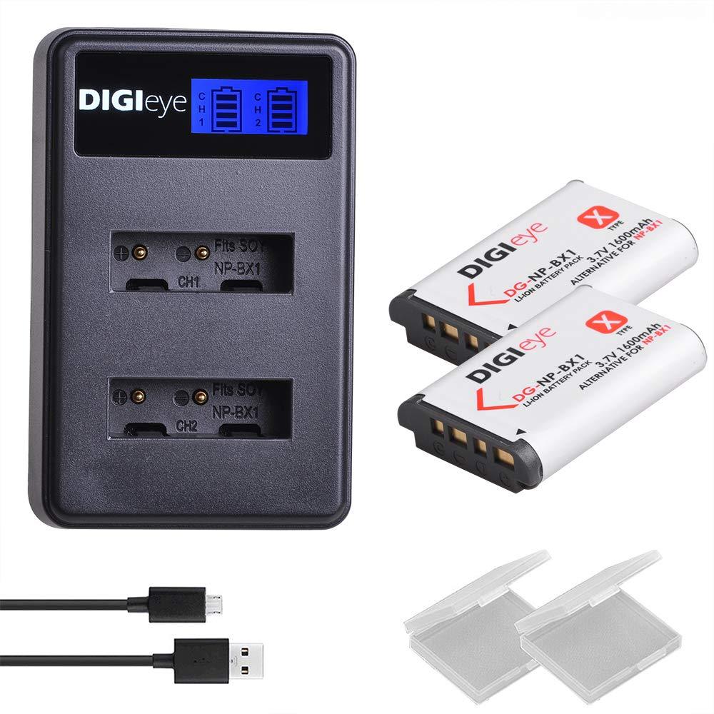 DIGIeye NP-BX1 1600 mAh Battery (2-Pack) and LCD Dual USB Charger for Sony NP-BX1/M8, Cyber-Shot DSC-HX80, HX90V, HX95, HX99, HX350, RX1, RX1R II, RX100 (II/III/IV/V/VA/VI), FDR-X3000, HDR-AS50, AS300