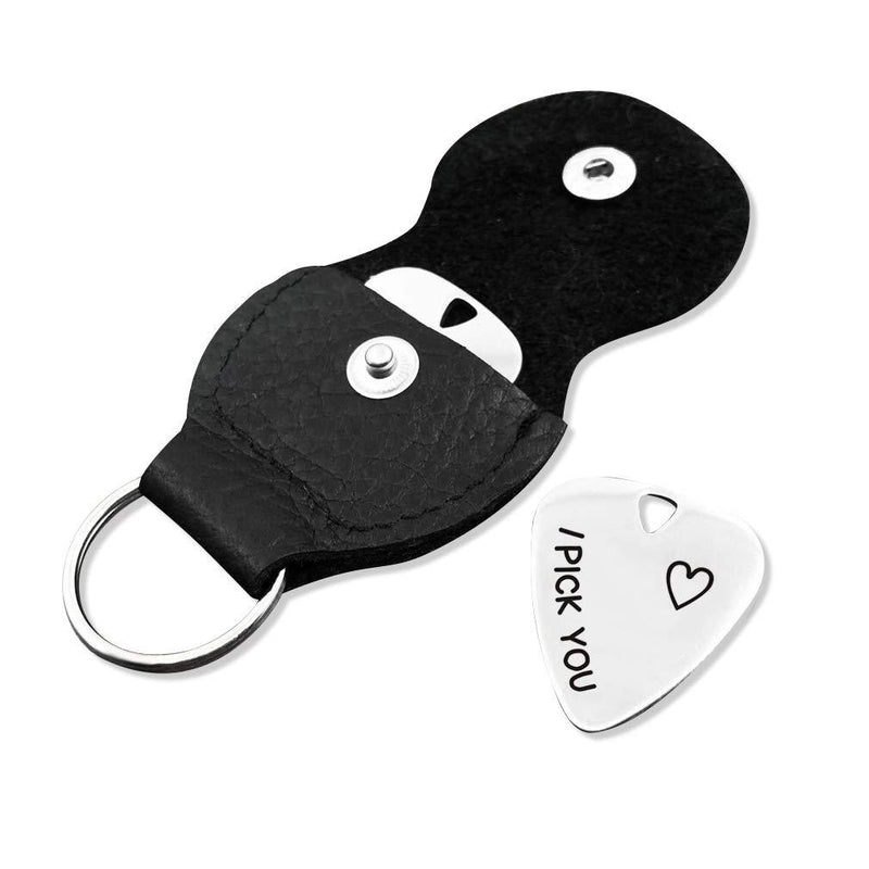 I Pick You Guitar Pick Silver Guitar Pick with Leather Case for Dad Husband Birthday Boyfriend musician Music Gift (Silver pick guitar 1) Silver pick guitar 1