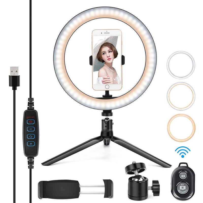 Tokenhigh Makeup LED Ring Light, 10" LED Desktop Selfie Lamp Dimmable 3 Colors 10 Brightness with Tripod Stand & Cell Phone Holder & Remote Control for Selfie YouTube Studio Video Makeup (Ring Light) Ring light & & Cell Phone Holder & Remote Control