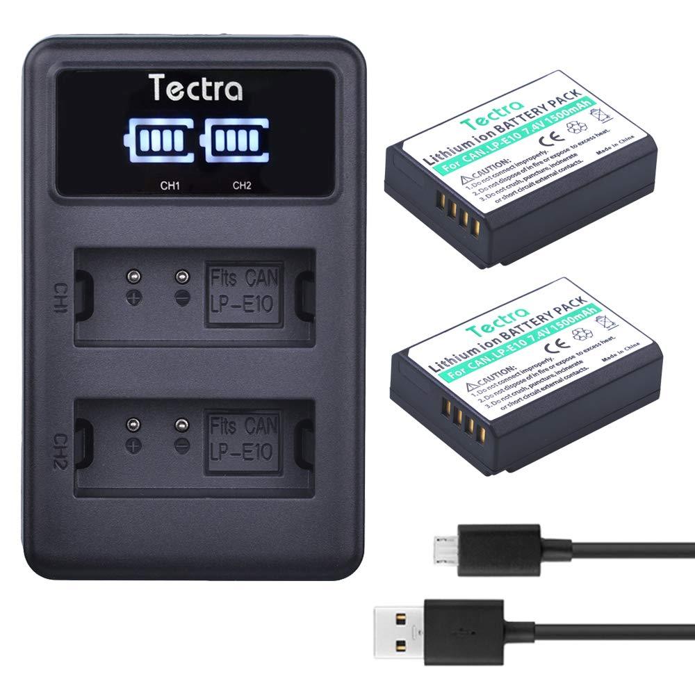Tectra 2Pack LP-E10 Battery and LED USB Dual Charger for Canon EOS 1100D, 1200D, 1300D, Kiss X50, Kiss X70, Rebel T3, Rebel T5, Rebel T6, Rebel T7 Digital Cameras