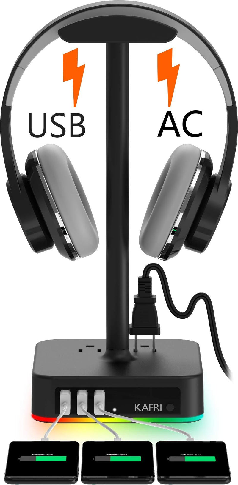 KAFRI RGB Headphone Stand with USB Charger Desk Gaming Headset Holder Hanger Rack with 3 USB Charging Port and 2 Outlet - Suitable for Gamer Desktop Table Game Earphone Accessories Boyfriend Gift