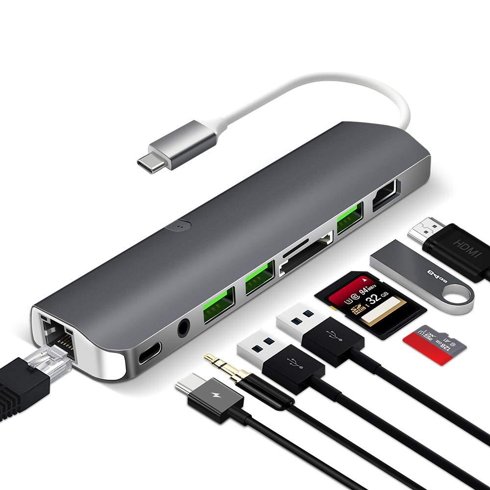 USB C Hub, USB C Adapter, 9 in 1 Type C hub 1000M RJ45 Ethernet, 4K HDMI, 2 USB 3.0 Ports,1 USB 2.0 Port,PD Charging Port, Card Reader, Audio Mic Port for MacBook, Chromebook More Space Gray