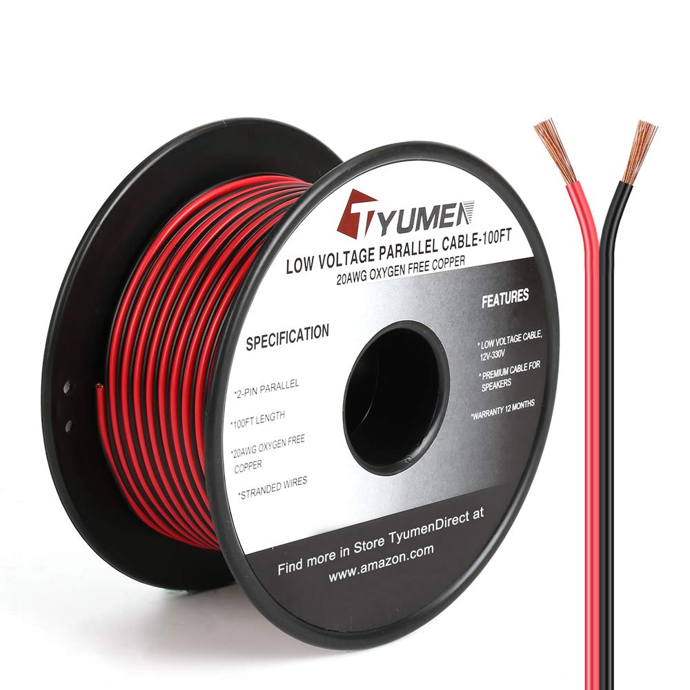TYUMEN 100FT 20 Gauge 2pin 2 Color Red Black Cable Hookup Electrical Wire LED Strips Extension Wire, 20AWG OFC 12V/24V DC Extension Cable Wire Cord for Led Strips Single Color 3528 5050