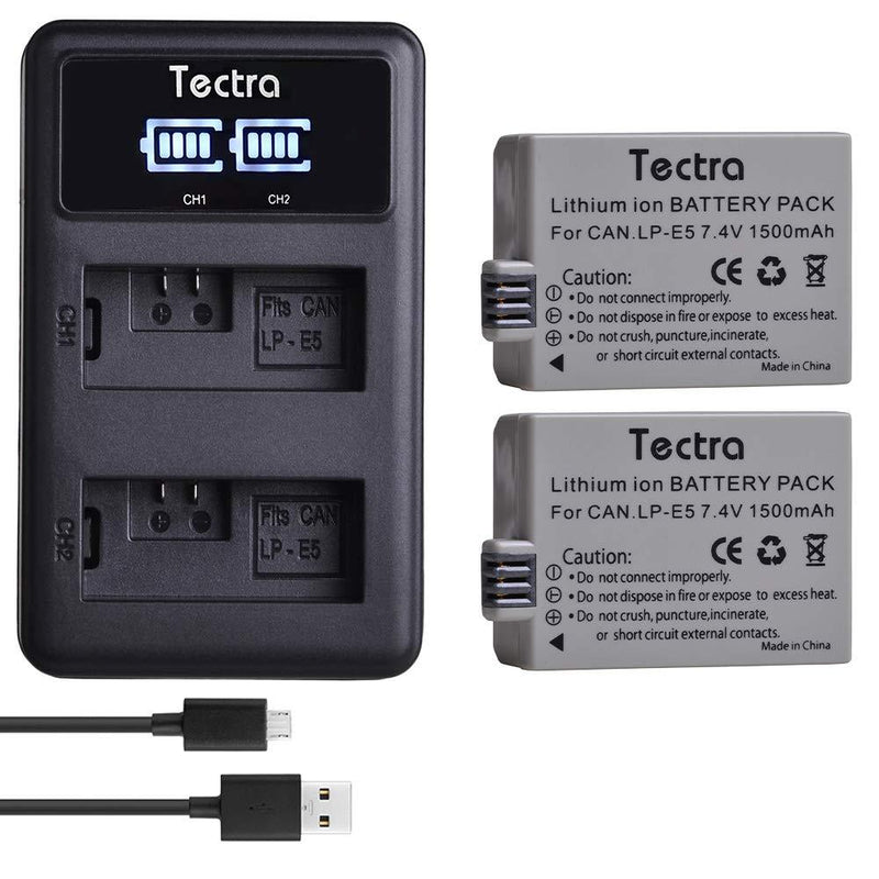 Tectra 2-Pack LP-E5 Battery and LED USB Dual Charger Compatible with Canon EOS Rebel XS, Rebel T1i, Rebel XSi, 1000D, 500D, 450D, Kiss X3, Kiss X2, Kiss F