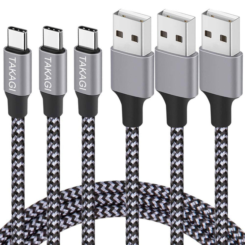 USB Type C Cable 3A Fast Charging, TAKAGI (3-Pack 6feet) USB-A to USB-C Nylon Braided Data Sync Transfer Cord Compatible with Galaxy S10 S10E S9 S8 S20 Plus, Note 10 9 8 and Other USB C Charger Gray