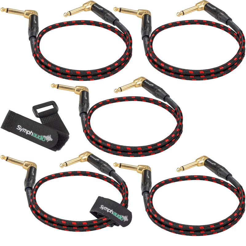 [AUSTRALIA] - Maximm Guitar Cable - (5 Pack) 2-Feet Red/Black Braided Jacket Electric Instrument Bass Cable AMP with Right Angle (1/4 inch) 6.35mm Gold Plated Premium Jack 2 Feet - 5 Pack 