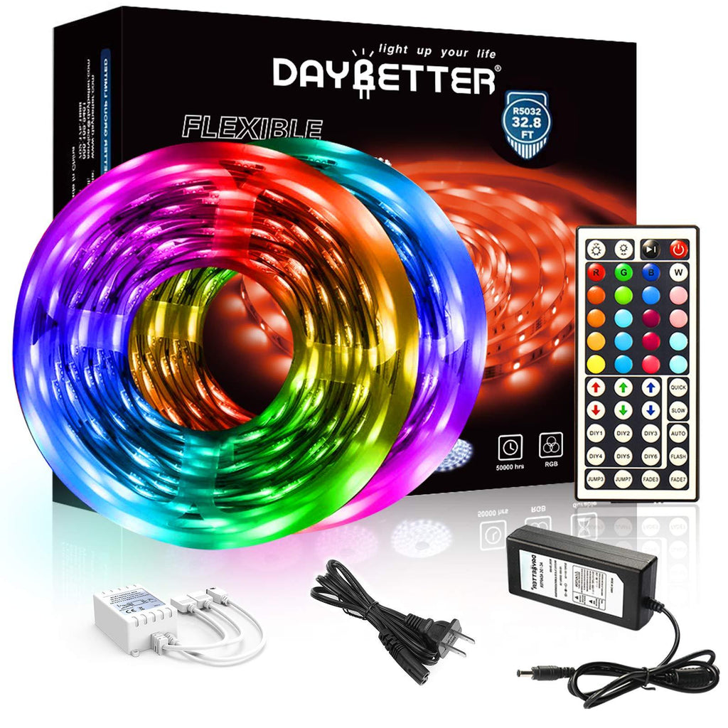 DAYBETTER Led Strip Lights 32.8ft 5050 RGB LEDs Color Changing Lights Strip for Bedroom, Desk, Home Decoration, with Remote and 12V Power Supply Multicolor