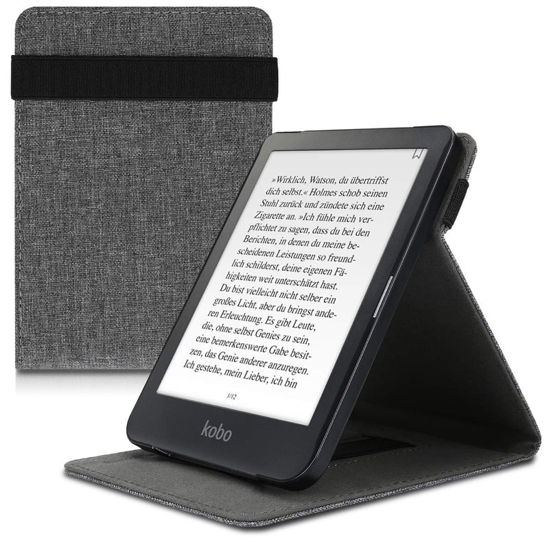 kwmobile Cover Compatible with Kobo Clara HD - Fabric e-Reader Case with Hand Strap and Stand - Fabric Grey Fabric 22