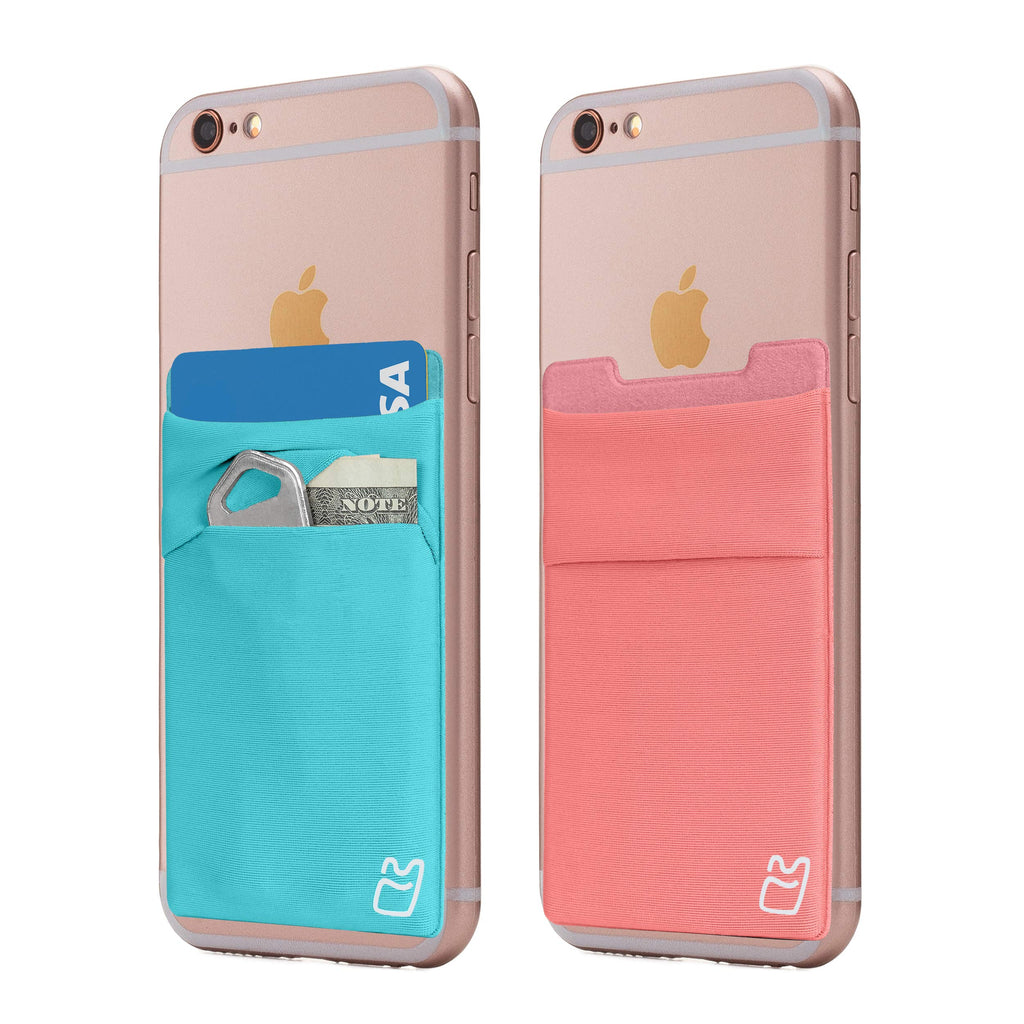 (Two) Stretchy Cell Phone Stick on Wallet Card Holder Phone Pocket for iPhone, Android and All Smartphones - (Teal & Orange) Coral