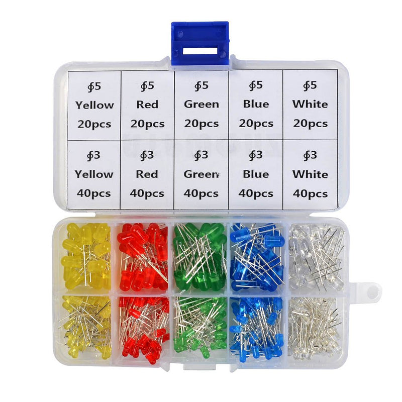 OFNMY LED Diode Lights, 3mm and 5mm LED Lights Emitting Diodes Assortment Set Kit for Arduino Bright White Red Blue Green Yellow, 300-Pack 300-Pack 5mm and 3mm LED
