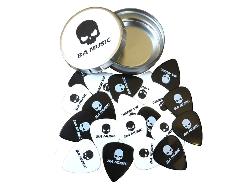 BA Music Premium Celluloid Skull Guitar Picks 20 Pack Tin (10 black & 10 white) (Medium (0.71mm) Solid) Medium (0.71mm) Solid