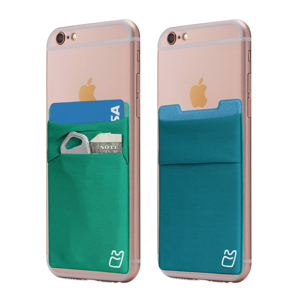 (Two) Stretchy Cell Phone Stick on Wallet Card Holder Phone Pocket for iPhone, Android and All Smartphones - Greens Green