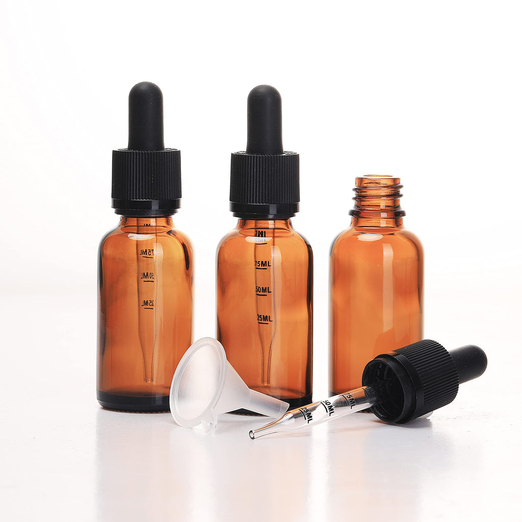 3 pack of 1oz Amber Glass Dropper Bottles (30mL) with Child Resistant Graduated Measurement Marked Glass Droppers + funnel:The Hemp Door