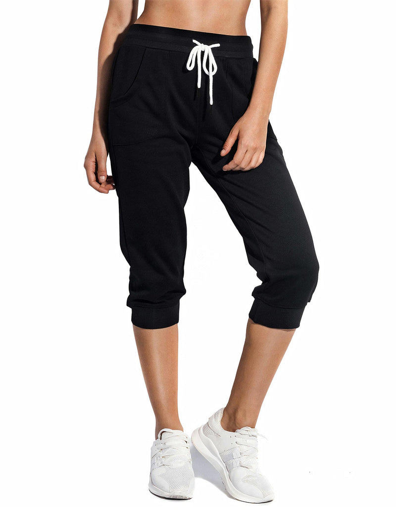 SPECIALMAGIC Women's Sweatpants Capri Pants Cropped Jogger Running Pants Lounge Loose Fit Drawstring Waist with Side Pockets Black Small