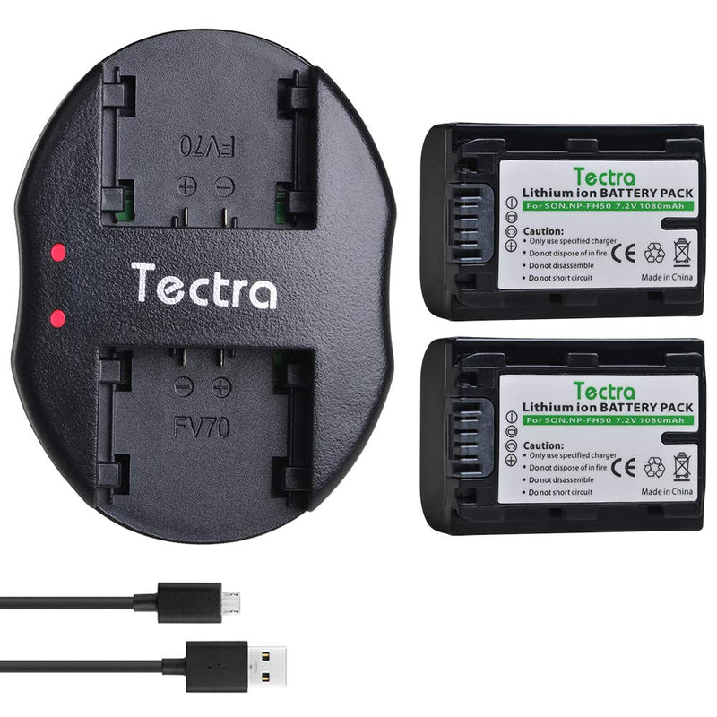 Tectra 2-Pack NP-FH50 Replacement Battery and Dual USB Charger for Sony NP-FH30 NP-FH40 NP-FH50 NP-FH70 NP-FH100 and Sony Cyber-Shot DSC-HX1 HX100V DSC-HX200 HX200V, Sony Alpha DSLR-A230 DSLR-A290