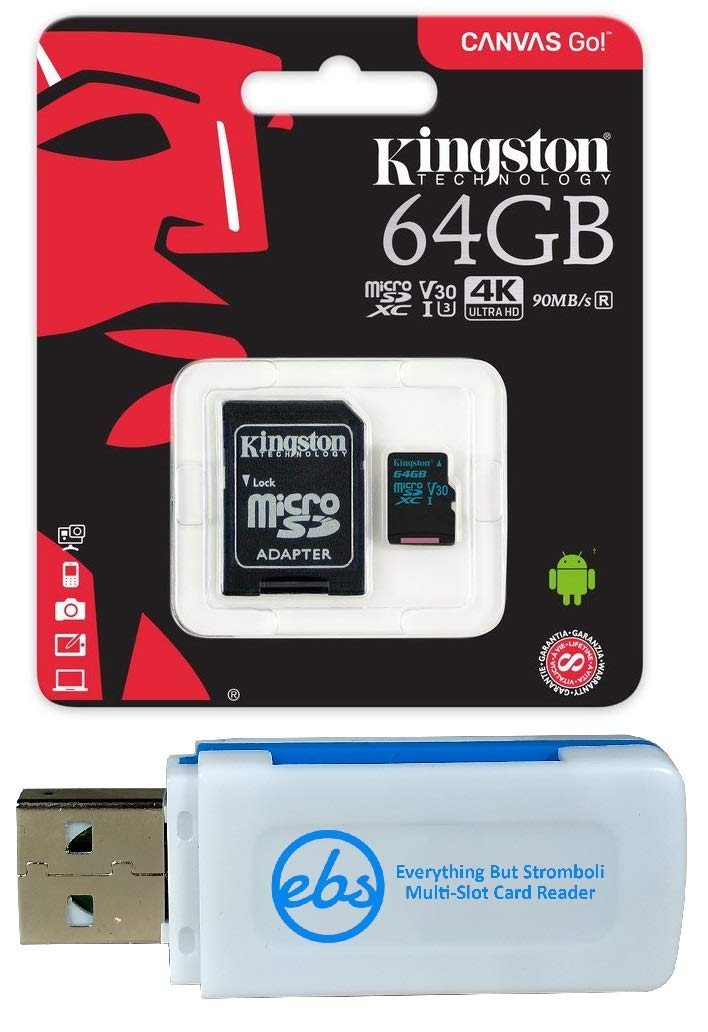 Kingston 64GB SDXC Micro Canvas Go! Memory Card and Adapter Works with GoPro Hero 7 Black, Silver, Hero7 White Camera (SDCG2/64GB) Bundle with (1) Everything But Stromboli TF and SD Card Reader 64GB Class 10