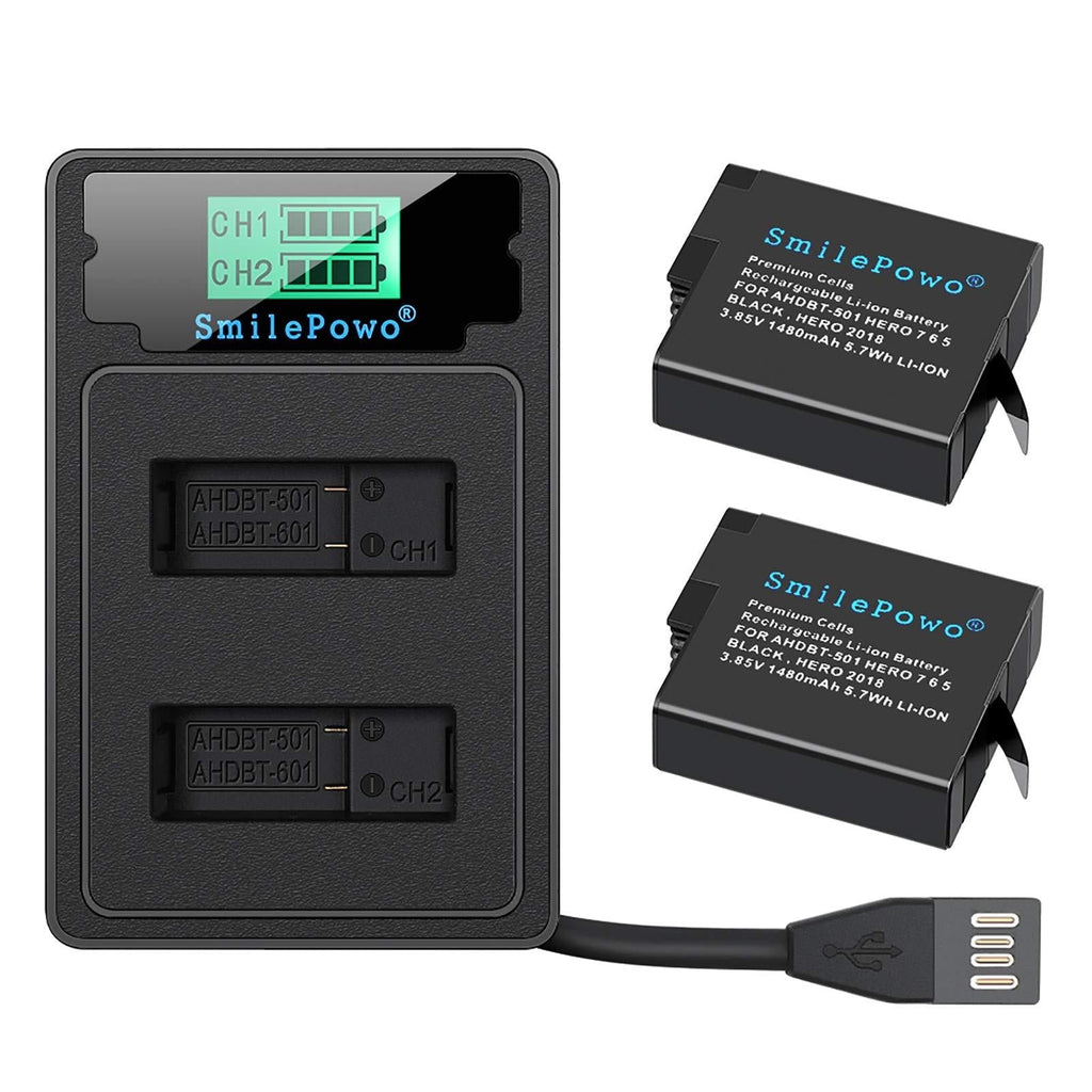 SmilePowo 2PCS Dual 1480mAh Battery,LCD Display USB Charger for GoPro Hero 8 Black，Hero 7 Black, Hero 6 Black,Hero 5 Black,Hero 2018,AHDBT-501(Fully Compatible with Original)