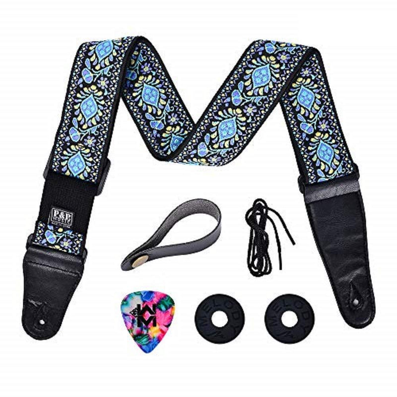 Guitar Strap, Cotton Leather Embroidered Vintage Woven With Guitar Strap Locks And Strap Button For Bass Electric Acoustic Guitars blue