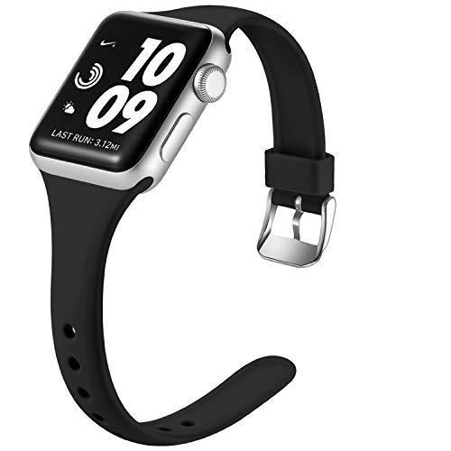 Laffav Slim Band Compatible with Apple Watch 40mm 38mm 44mm 42mm for Women Men, Soft Silicone Narrow Thin Sport Replacement Strap for iWatch SE & Series 6 & Series 5 4 3 2 1 Black 38/40MM S/M