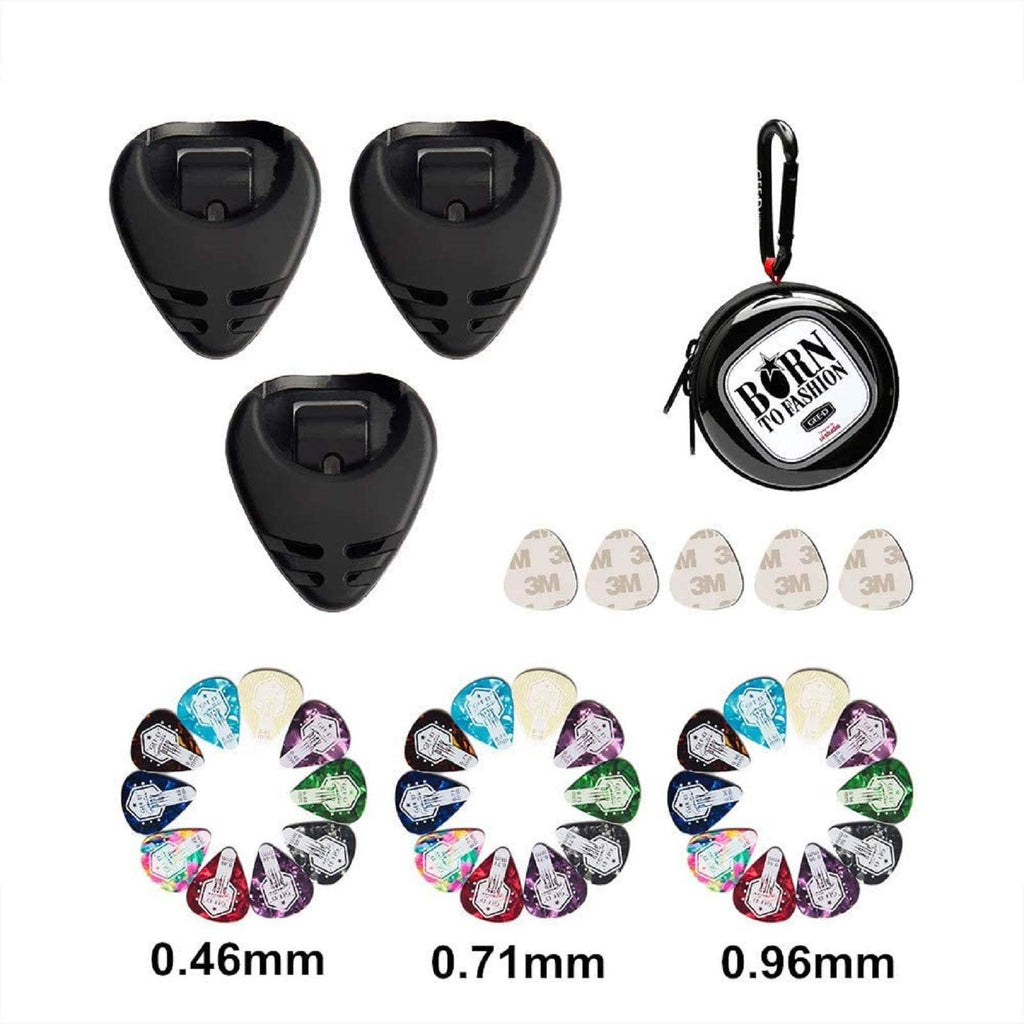 GEE·D Guitar Pick Holder Sticker Case, 30pcs Guitar Picks Variety Pack Included/Thin/Medium/Heavy Gauge 0.46 0.71 0.96 mm, Picks Holder Case Stick on Electric Guitars Bass Ukulele