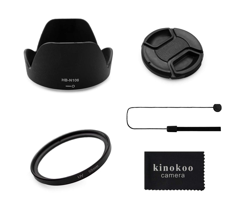 kinokoo 55mm UV Filter Camera Lens Accessories Kit for Nikon D5600/D5300/D3400/D3500, 55mm Reversible Lens Hood Matched with a 55mm Lens Cap and a Lens Cap Leash, Lens Shade Kit/Lens Cap Set (C) C