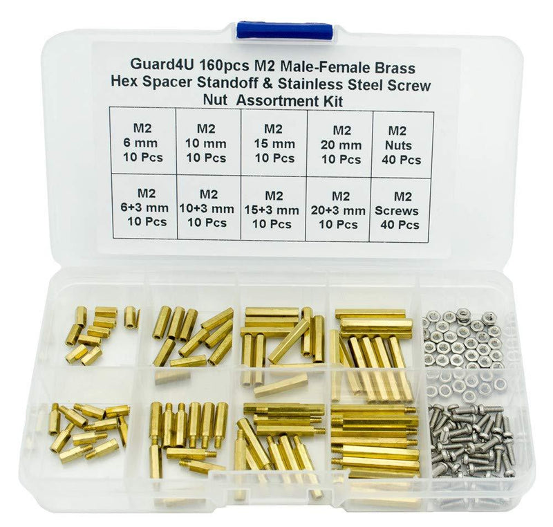 Guard4U 160pcs M2 Male-Female Brass Hex Spacer Standoff & Stainless Steel Screw Nut Assortment Kit (M2 Hex) M2 Hex