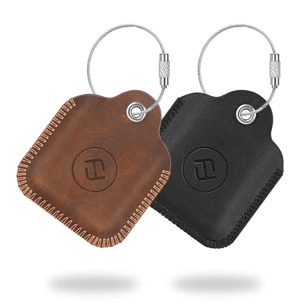 [2 Pack] Fintie Genuine Leather Case for Tile Mate/Tile Pro/Tile Sport/Tile Style/Cube Pro Key Finder Phone Finder, Anti-Scratch Protective Skin Cover with Keychain Z-Black + Brown