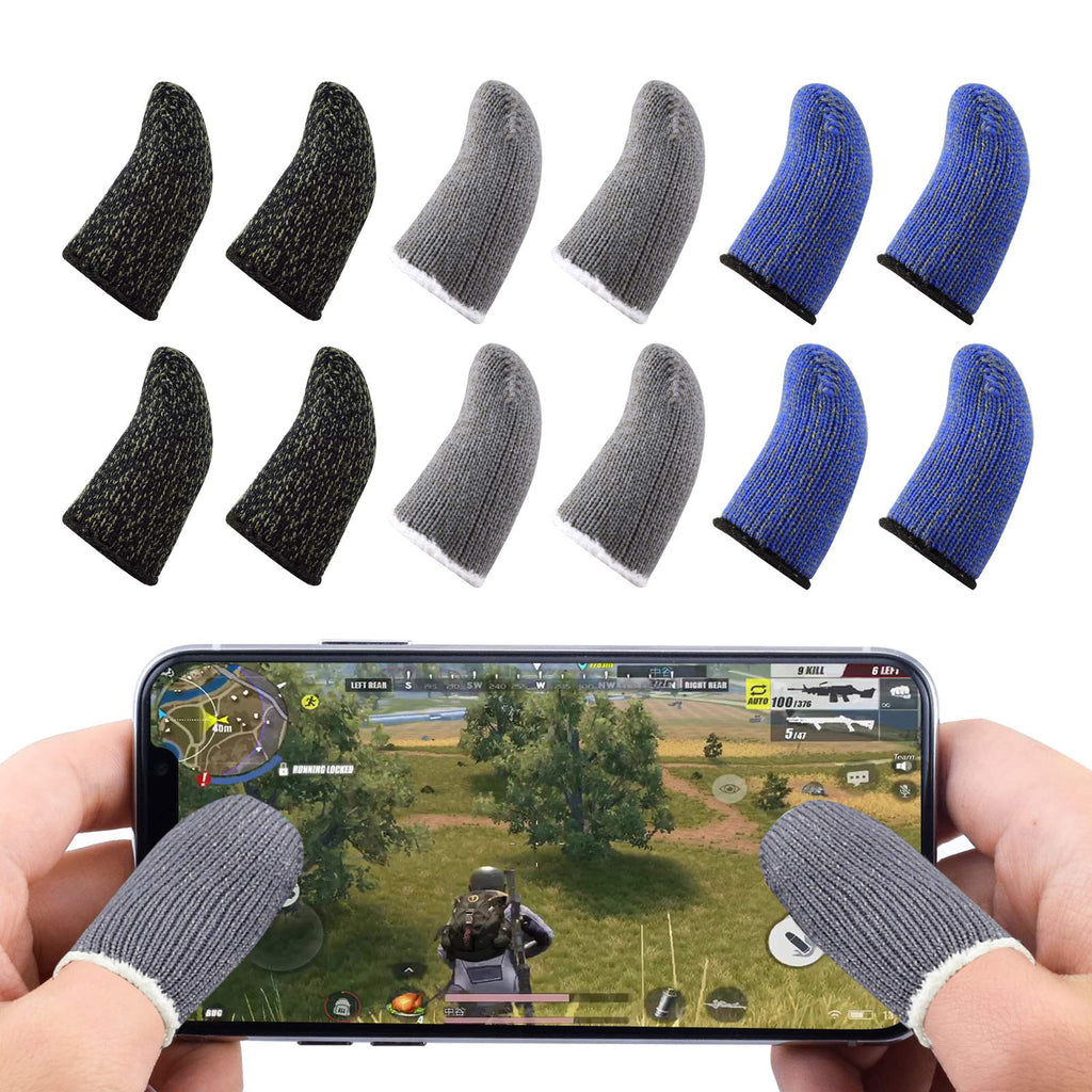 Newseego Mobile Game Controllers Finger Sleeve, Breathable Anti-Sweat Soft Touch Screen Finger Sleeve Sensitive Shoot and Aim for Rules of Survival/Knives Out for Android & iOS [12 Pack] 4*Blue+4*Black+4*Gray