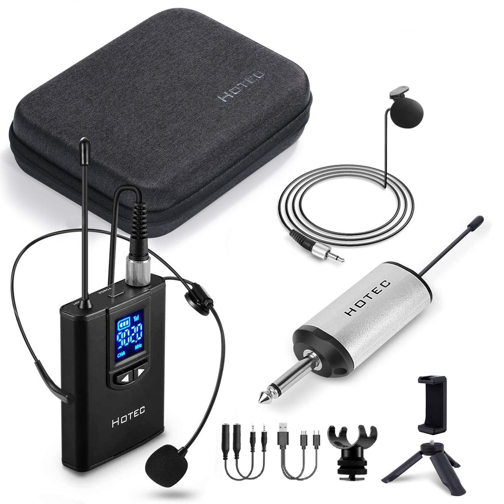 Hotec Wireless Lapel Lavalier and Headset Microphone System with Mini Rechargeable Receiver, for Recording and Live Performances Black