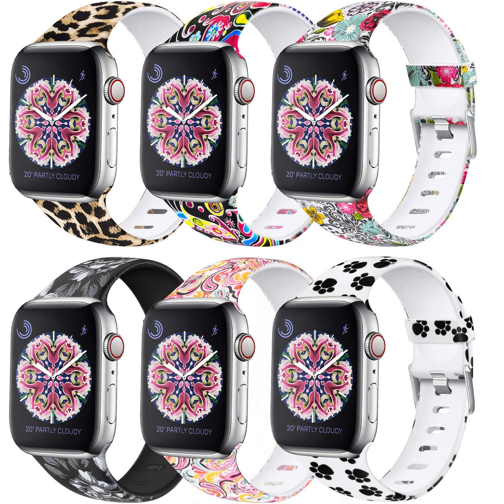 Laffav Compatible 6 Pack Bands with Apple Watch 40mm 38mm 44mm 42mm for Women Men, Soft Silicone Sport Pattern Replacement Strap Compatible with iWatch SE Series 6 & Series 5 4 3 2 1 38/40MM S/M