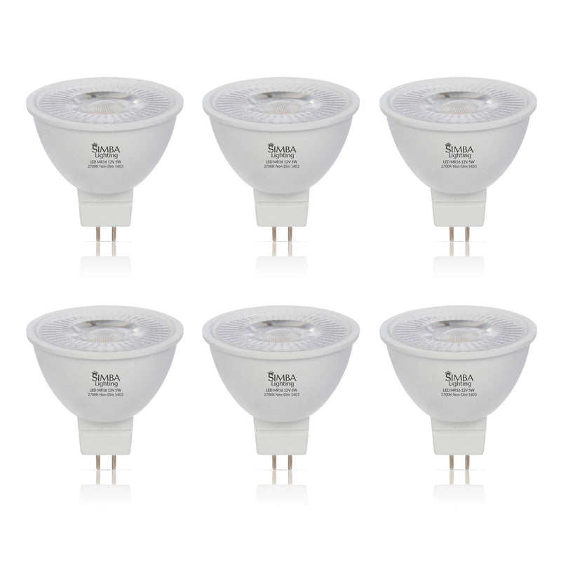 Simba Lighting LED MR16 5W 12V Light Bulb (6 Pack) 35W to 50W Halogen Spotlight Replacement for Landscape, Accent, Track Lights, Desk Lamps, FWM C EXN, GU5.3 Bipin Base, 2700K Warm White, Not Dimmable