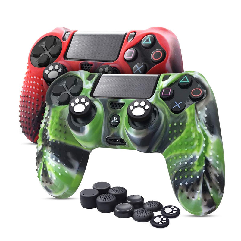 6amLifestyle PS4 Controller Skin (Red + Green 2 Controller Skins + 10 Thumb Grips) Anti-Slip Silicone Cover Protector Case for DualShock 4 PS4 / PS4 Slim / PS4 Pro Controller 06-Green&Red