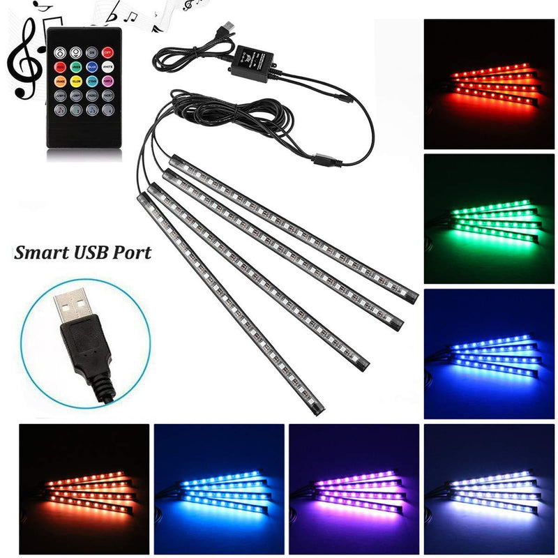 Car LED Strip Light, Uniwit 4 Pcs Multicolor Music Car Interior Atmosphere Lights for Car TV Home with Sound Active Function, Wireless Remote Control and Smart USB Port (48 LED-USB Port) 48 LED-USB Port