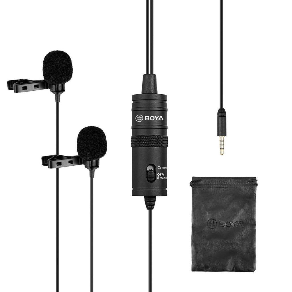 Dual Lavalier Microphone for Smartphone Camera,157 Inch/4m BOYA BY-M1DM Dual-Head Lapel Mics with 1/8 Plug Adapter Compatible with iPhone 11 X 8 Android Smartphone Canon Nikon DSLR Camcorder Recorder