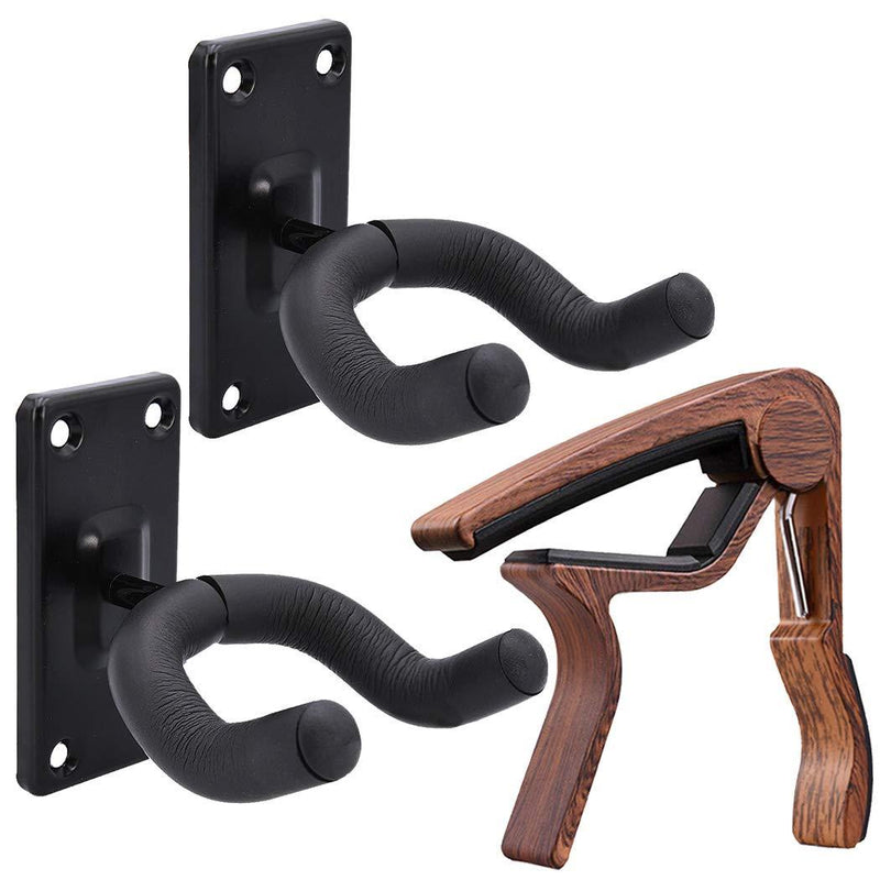 Guitar Wall Mount Hanger 2 pack Black Guitar hangers with Capo Guiar Capo Acoustic Electric Guitars Capo Rosewood