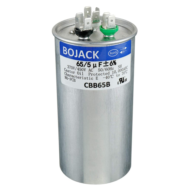 BOJACK 65+5uF 65/5MFD ±6% 370V/440V CBB65 Dual Run Circular Start Capacitor for AC Motor Run or Fan Start or Condenser Straight Cool or Heat Pump air Conditioner