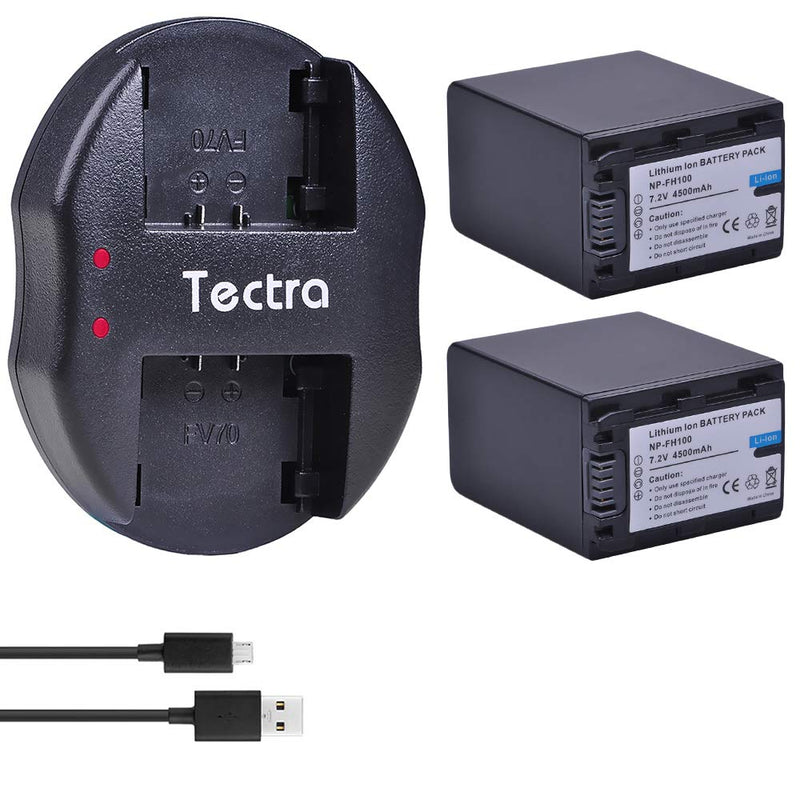 Tectra 2-Pack NP-FH100 Battery and Dual USB Charger for Sony DCR-DVD203, DCR-DVD205, DCR-DVD408, DCR-DVD508, DCR-DVD560, DCR-DVD610, DCR-DVD650, DCR-DVD710, DCR-DVD810, DCR-DVD910, DCR-HC28, DCR-HC38