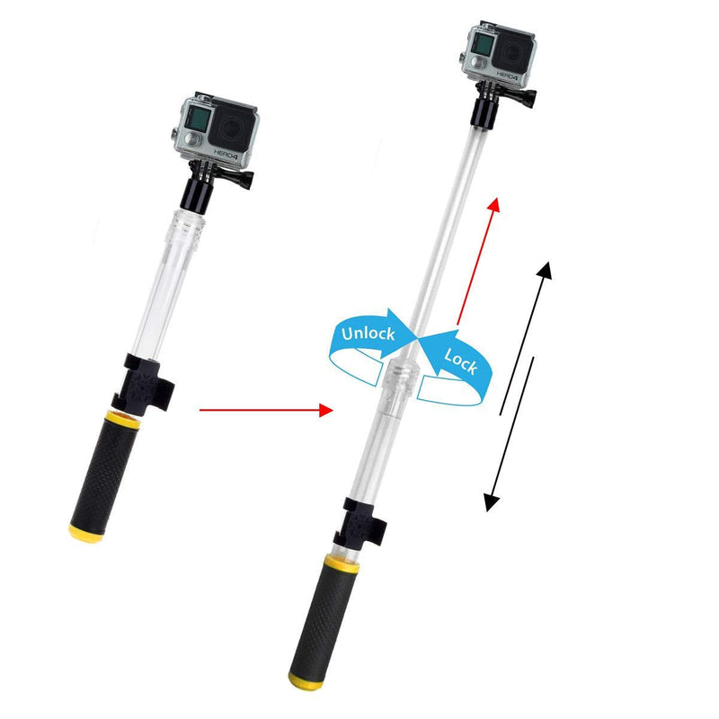 Gopro Extension Pole Waterproof Telescopic Pole, Number-one Transparent Floating Hand Grip, Extendable Monopod Selfie Stick 14-24'' with Mount Clip for GoPro Hero 6/5/4/3 AKASO YI 4K Action Camera