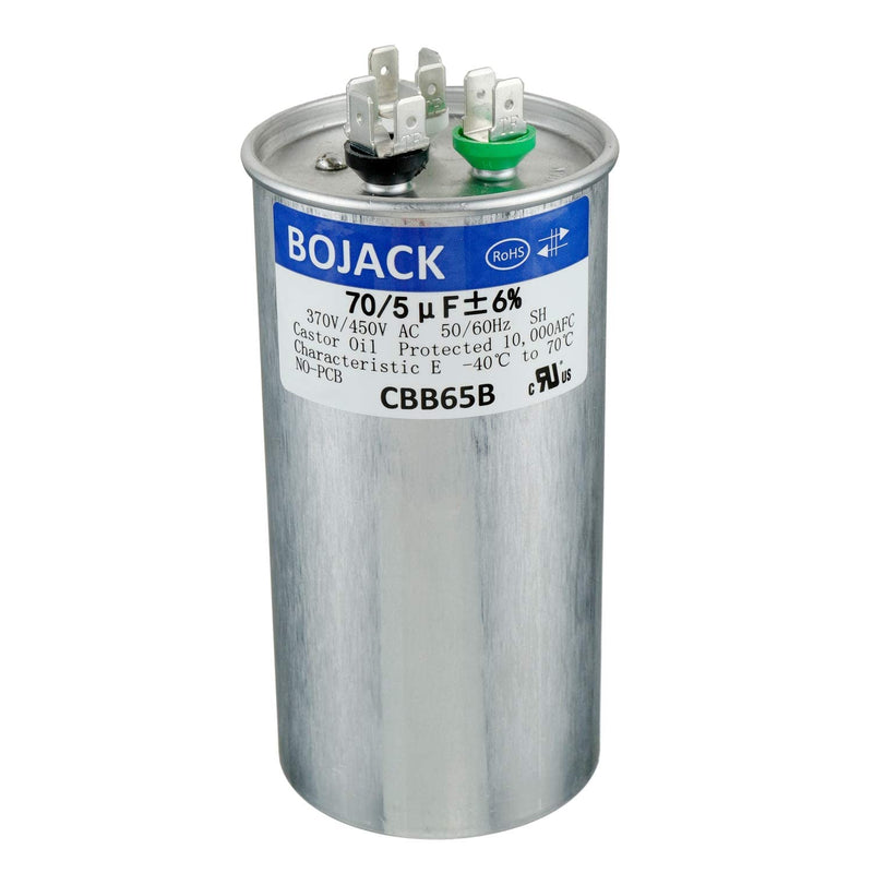 BOJACK 70+5uF 70/5MFD ±6% 370V/440V CBB65 Dual Run Circular Start Capacitor for AC Motor Run or Fan Start or Condenser Straight Cool or Heat Pump air Conditioner