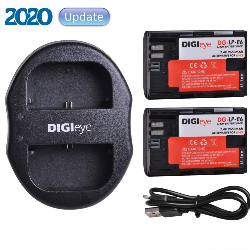 DIGIeye LP-E6 (2 Packs) 2650mAh High Capacity LP E6 LPE6 Battery+USB Dual Charger 2 Slot Compatible for Canon EOS 60D 70D 80D, 6D, 7D, 70D, 5D Mark III, 5D Mark II, BG-E14, BG-E11,BG-E13 BG-E9, BG-E7