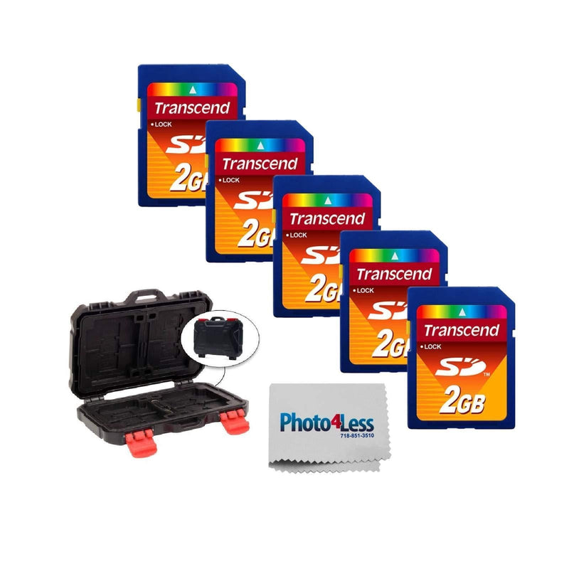Transcend 2GB SD Secure Digital Memory Card TS2GSDC (5 Pack) + Vivitar Memory Card Hardcase (24 Card Slots) + Photo4Less Camera and Lens Cleaning Cloth – Deluxe Accessory Bundle