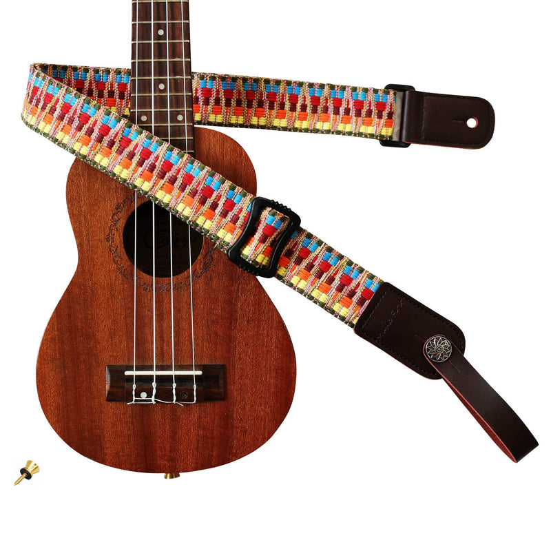 MUSIC FIRST Hawaii Woven Rainbow Adjustable 100% Cotton & Genuine Leather Ukulele Strap Shoulder Strap version 2.0 With a MUSIC FIRST Genuine Leather Strap Locker With A Leather Strap Locker