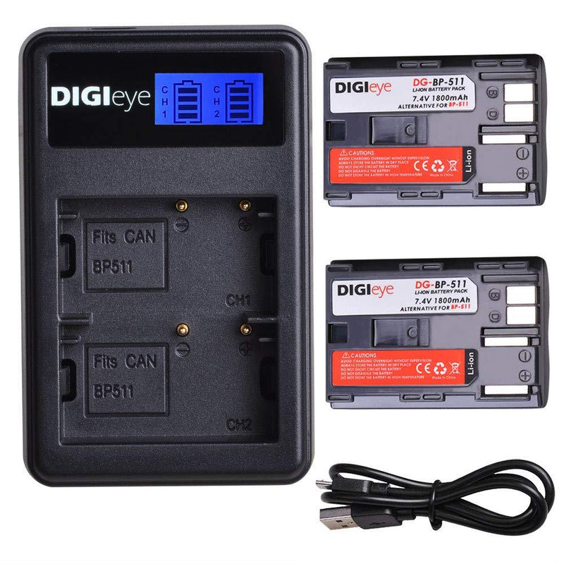 DIGIeye BP-511 BP-511a BP511A Battery - 2 Pack 1800mAh+LCD Dual USB Charger for Canon 30D 40D 20D 50D, Digital Rebel, G5, 50D, 5D, G3, G1, D60, G6, G2, Pro 1, 300D Digital Cameras