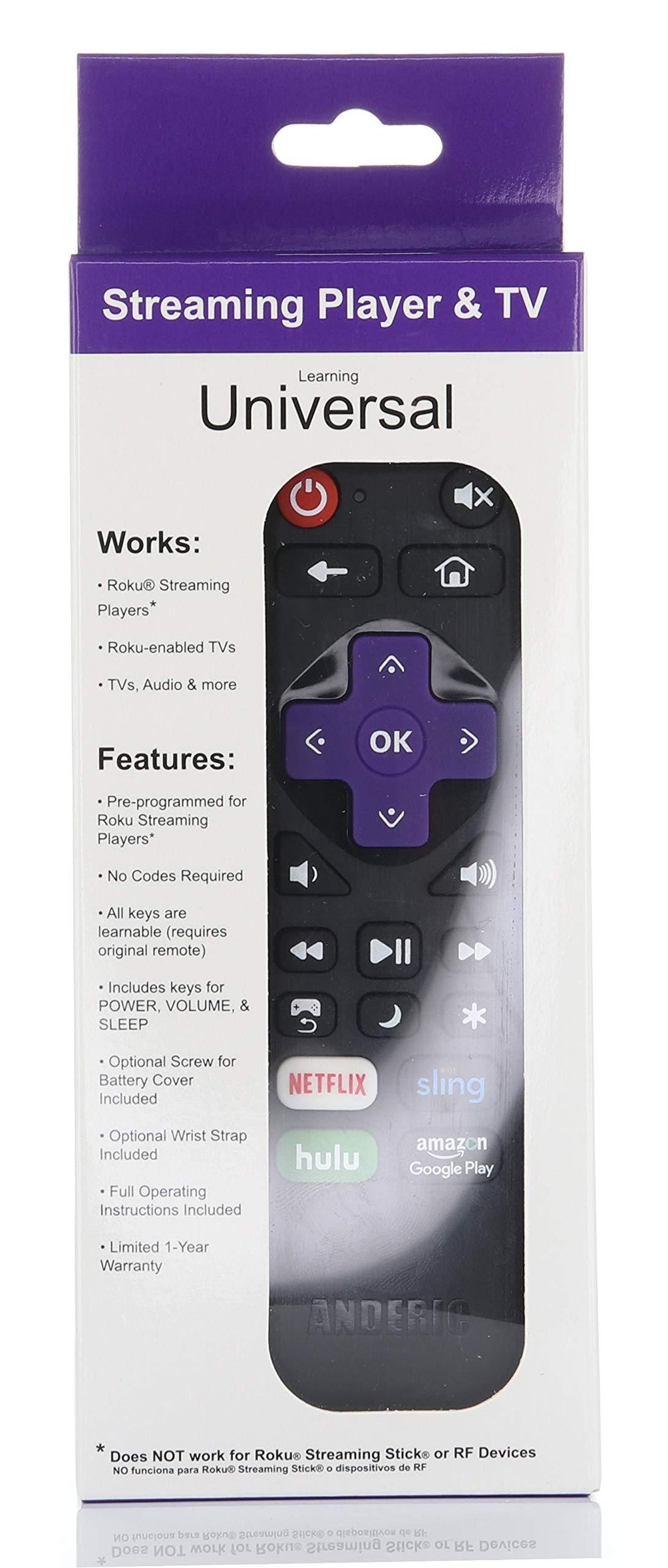 Anderic Universal IR Compatible with Roku Express Roku SE Remote with Volume Roku/TV Streaming 2-in-1 Remote Control with Learning - Works for Roku + TV [NOT for ROKU Sticks] (1-Pack) 1-Pack