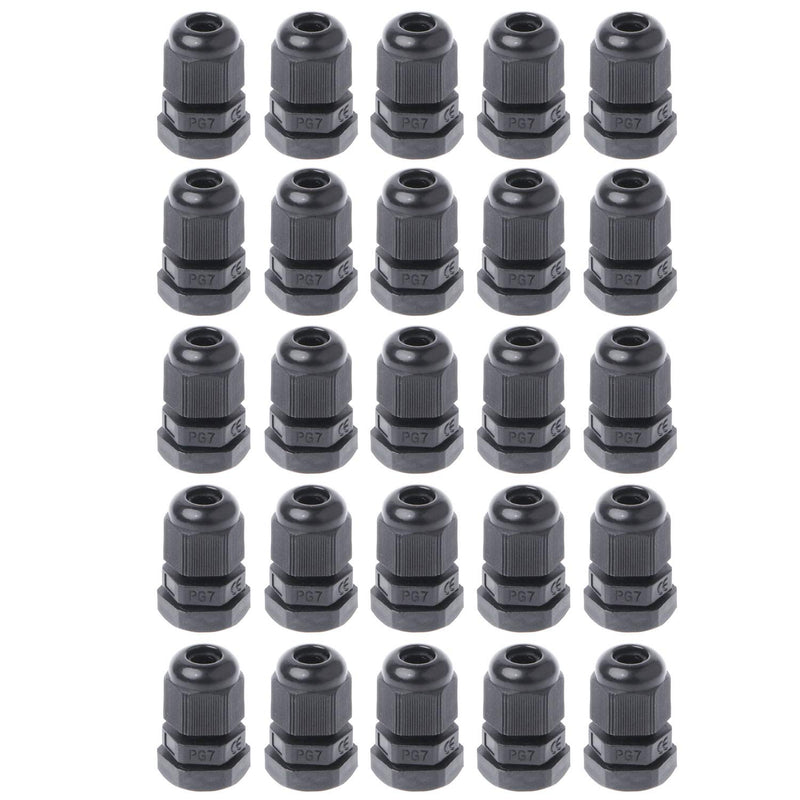 RuiLing 25-Pack Black Cable Gland Waterproof Adjustable 3-6.5mm Plastic Cable Gland Joints PG7