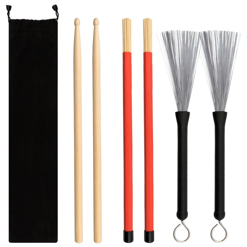 NABLUE Drum Sticks Brush Set - 1 Pair 5A Maple Wood Drum Sticks 1 Pair Drum Wire Brushes Retractable Drum Stick Brush and 1 Pair Rods Drum Sticks with Storage Bag for Jazz Acoustic Music Lover Gift