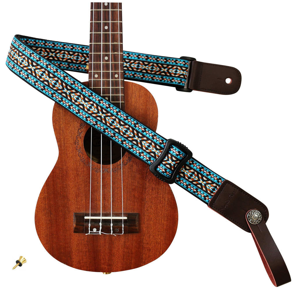 MUSIC FIRST Country style Soft Cotton & Genuine Leather Ukulele Strap Ukulele Shoulder Strap Version 2.0 With a MUSIC FIRST Genuine Leather Strap Locker With A Leather Strap Locker