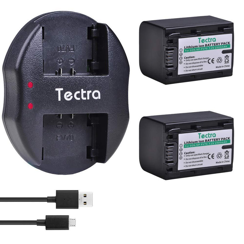 Tectra 2-Pack NP-FV70 Battery and Dual USB Charger for Sony FDR-AX700, PXW-Z90V, HXR-NX80, HDR-CX455 HDR-CX675, CX330, CX900, PJ340, PJ540, PJ670B, PJ810, FDR-AX33, FDR-AX53, FDR-AX100 Camcorder